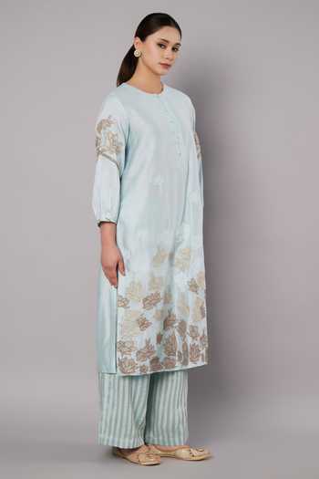 Doux Amour Blue Chanderi, Tissue Embroidery, Beads, Tassels Round Petal Promise Kurta Set Online at Aza Fashions Doux Amour_Blue Chanderi, Tissue Embroidery, Beads, Tassels Round Petal Promise Kurta Set _Online_at_Aza_Fashions