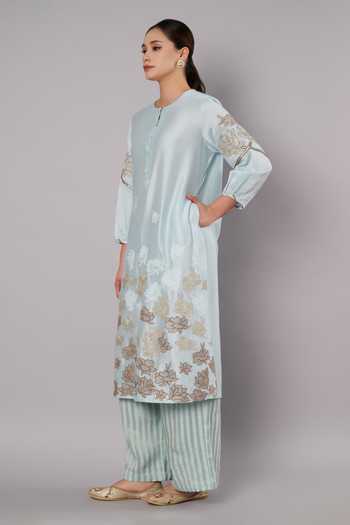 Buy Doux Amour Blue Chanderi, Tissue Embroidery, Beads, Tassels Round Petal Promise Kurta Set Online at Aza Fashions Buy_Doux Amour_Blue Chanderi, Tissue Embroidery, Beads, Tassels Round Petal Promise Kurta Set _Online_at_Aza_Fashions