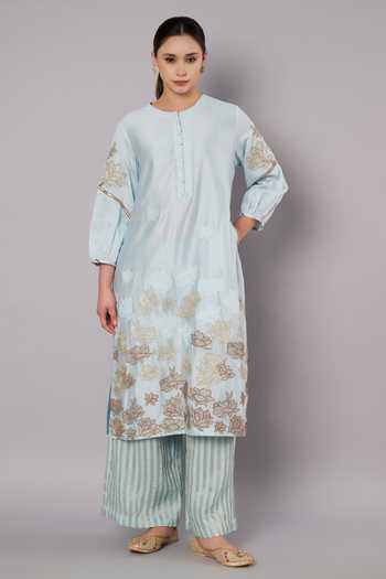 Shop Doux Amour Blue Chanderi, Tissue Embroidery, Beads, Tassels Round Petal Promise Kurta Set Online at Aza Fashions Shop_Doux Amour_Blue Chanderi, Tissue Embroidery, Beads, Tassels Round Petal Promise Kurta Set _Online_at_Aza_Fashions