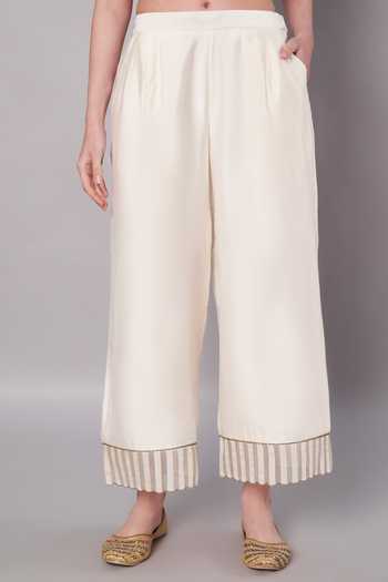 Doux Amour_Ivory Cotton, Chanderi Embroidery, Beads, Spring Collage Kurta And Palazzo Set _Online_at_Aza_Fashions