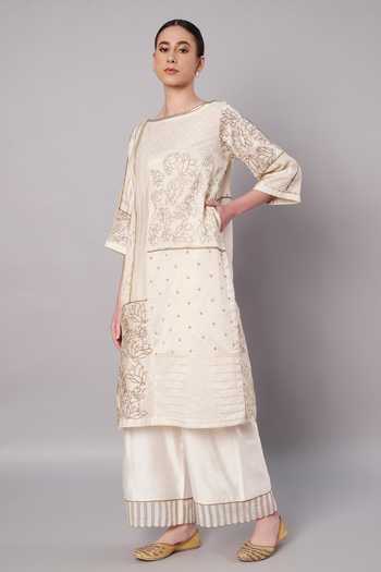 Buy_Doux Amour_Ivory Cotton, Chanderi Embroidery, Beads, Spring Collage Kurta And Palazzo Set _Online_at_Aza_Fashions