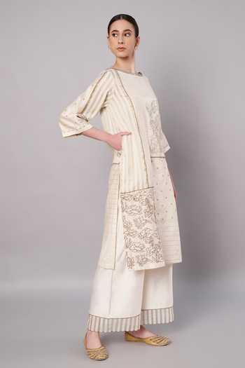 Shop_Doux Amour_Ivory Cotton, Chanderi Embroidery, Beads, Spring Collage Kurta And Palazzo Set _Online_at_Aza_Fashions