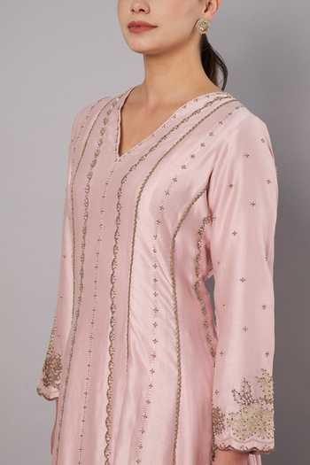 Shop_Doux Amour_Pink Chanderi Embroidery, Beads V-neck Spring Halo Anarkali Set _Online_at_Aza_Fashions