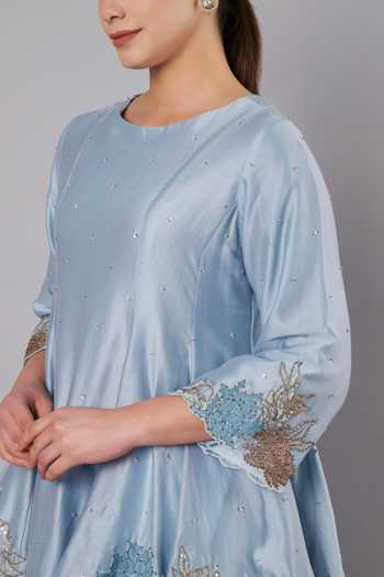 Doux Amour_Blue Chanderi, Modal, Rayon Embroidery, Beads, Applique Meadow Peplum Kurta Set _at_Aza_Fashions