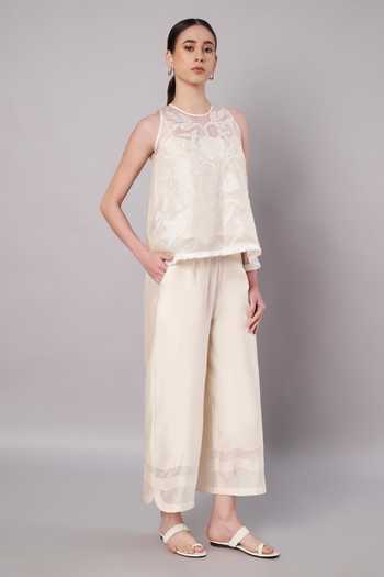 Doux Amour_Ivory Chanderi Applique High Neck Haze Floral Work Top And Pant Set _Online_at_Aza_Fashions