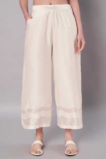 Buy_Doux Amour_Ivory Chanderi Applique High Neck Haze Floral Work Top And Pant Set _Online_at_Aza_Fashions
