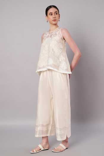 Shop_Doux Amour_Ivory Chanderi Applique High Neck Haze Floral Work Top And Pant Set _Online_at_Aza_Fashions