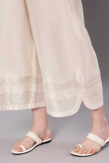 Doux Amour_Ivory Chanderi Applique High Neck Haze Floral Work Top And Pant Set _at_Aza_Fashions