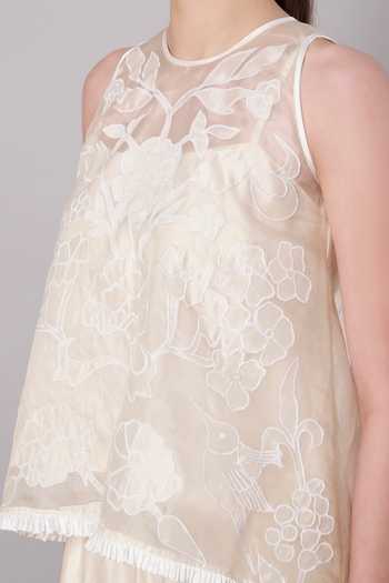Buy_Doux Amour_Ivory Chanderi Applique High Neck Haze Floral Work Top And Pant Set 