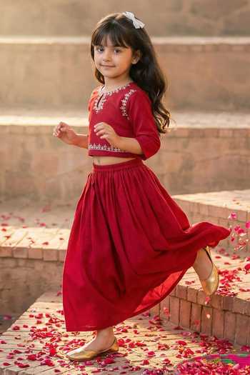 Petite Pomme_Red Silk Embroidery, Mirrors Placement Top And Skirt Set _Online_at_Aza_Fashions