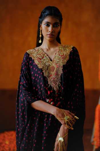 Buy_Alam By Tulsi Patel_Black Silk Embroidery, Tassels Mogra Bandhani Handwoven Kaftan And Dhoti Set _Online_at_Aza_Fashions