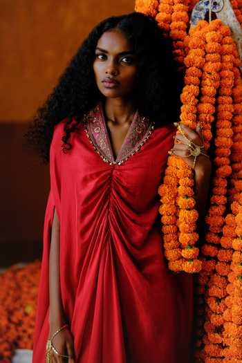 Alam By Tulsi Patel_Red Silk Gota Patti Collared Bela Hand Embroidered Cape And Pant Set _at_Aza_Fashions