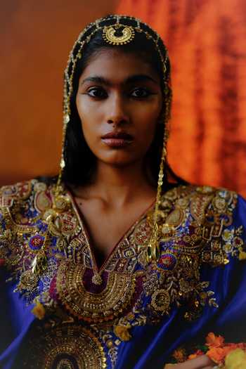 Shop_Alam By Tulsi Patel_Blue Silk Gota Patti V-neck Kaneri Embroidered Cape And Pant Set _Online_at_Aza_Fashions