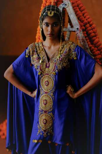 Alam By Tulsi Patel_Blue Silk Gota Patti V-neck Kaneri Embroidered Cape And Pant Set _at_Aza_Fashions