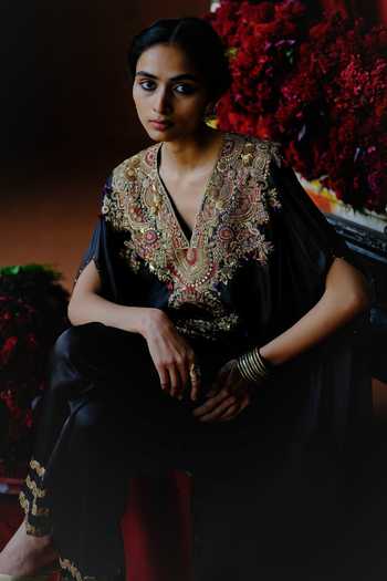 Shop_Alam By Tulsi Patel_Black Silk Embroidery, Zari, Gota Patti V-neck Kaneri Cape And Pant Set _Online_at_Aza_Fashions