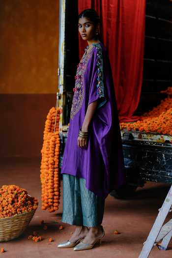 Alam By Tulsi Patel_Purple Silk Embroidery, Zari Round Neck Genda Tunic And Pant Set _Online_at_Aza_Fashions