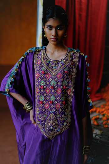 Buy_Alam By Tulsi Patel_Purple Silk Embroidery, Zari Round Neck Genda Tunic And Pant Set _Online_at_Aza_Fashions