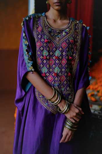 Shop_Alam By Tulsi Patel_Purple Silk Embroidery, Zari Round Neck Genda Tunic And Pant Set _Online_at_Aza_Fashions