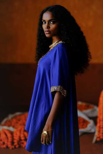 Alam By Tulsi Patel_Blue Silk Embroidery V-neck, Yes Chameli Handwoven Tunic And Dhoti Pant Set _Online_at_Aza_Fashions