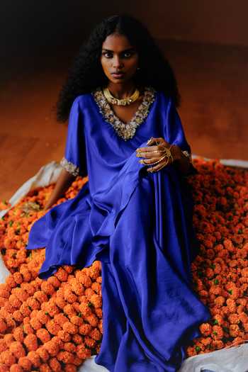 Alam By Tulsi Patel_Blue Silk Embroidery V-neck, Yes Chameli Handwoven Tunic And Dhoti Pant Set _at_Aza_Fashions