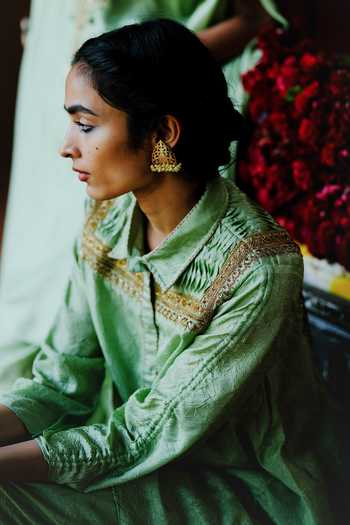 Shop_Alam By Tulsi Patel_Mint Silk Embroidery, Fabric Flowers Aprajita Handwoven Tunic And Dhoti Pant Set _Online_at_Aza_Fashions