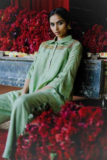 Shop_Alam By Tulsi Patel_Mint Silk Embroidery, Tassels Mandarin Soorajmukhi Handwoven Shirt And Pant Set _Online_at_Aza_Fashions