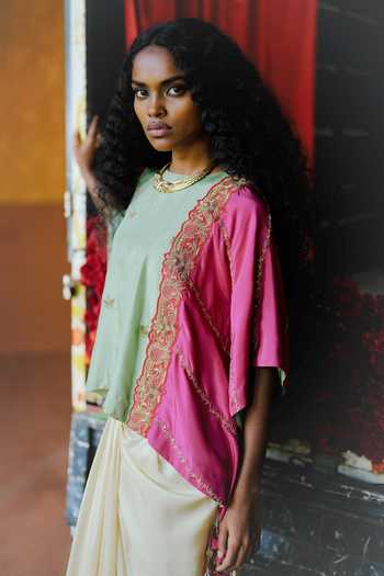 Alam By Tulsi Patel_Pink Silk Shiuli Floral Embroidered Cape And Draped Skirt Set _Online_at_Aza_Fashions