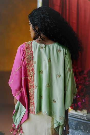 Buy_Alam By Tulsi Patel_Pink Silk Shiuli Floral Embroidered Cape And Draped Skirt Set _Online_at_Aza_Fashions