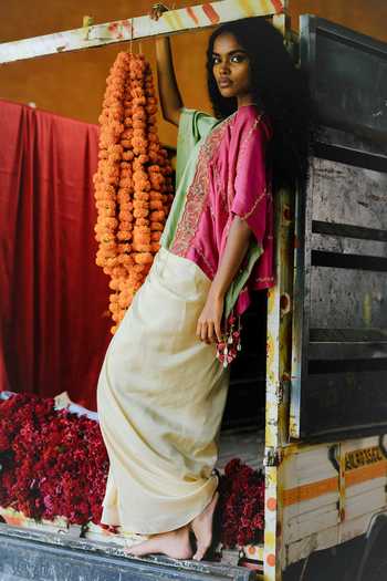 Shop_Alam By Tulsi Patel_Pink Silk Shiuli Floral Embroidered Cape And Draped Skirt Set _Online_at_Aza_Fashions