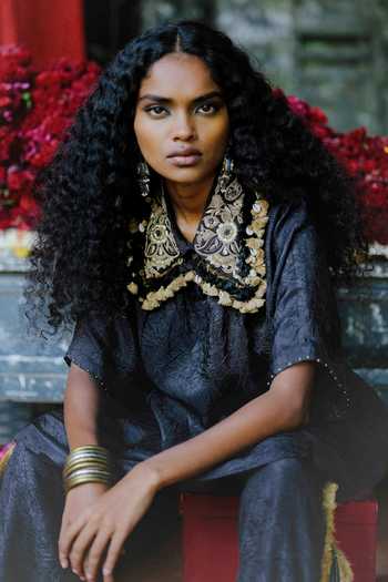 Buy_Alam By Tulsi Patel_Black Silk Embroidery, Tassels Collared Kevra Crushed Top And Pant Set _Online_at_Aza_Fashions