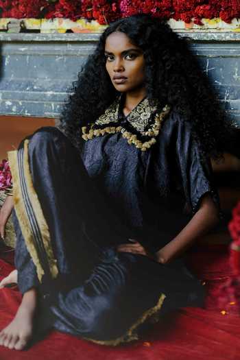Shop_Alam By Tulsi Patel_Black Silk Embroidery, Tassels Collared Kevra Crushed Top And Pant Set _Online_at_Aza_Fashions