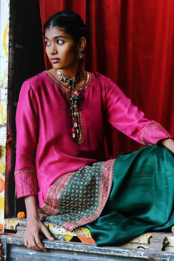 Shop_Alam By Tulsi Patel_Pink Silk Embroidery, Tassels Split Neelkamal Handwoven Tunic And Dhoti Pant Set _Online_at_Aza_Fashions