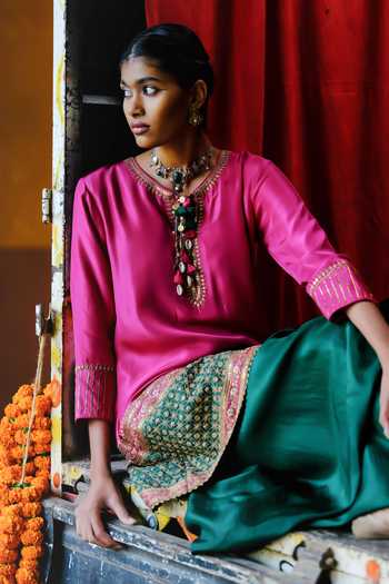 Alam By Tulsi Patel_Pink Silk Embroidery, Tassels Split Neelkamal Handwoven Tunic And Dhoti Pant Set _at_Aza_Fashions