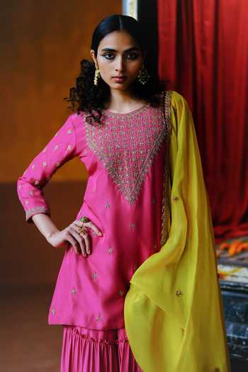 Alam By Tulsi Patel_Pink Silk Embroidery, Tassels Round Neck Mahua Kurta Sharara Set _Online_at_Aza_Fashions
