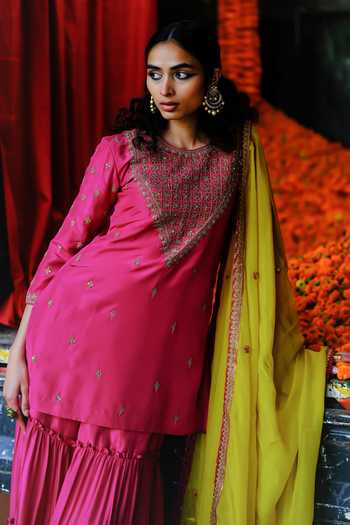 Buy_Alam By Tulsi Patel_Pink Silk Embroidery, Tassels Round Neck Mahua Kurta Sharara Set _Online_at_Aza_Fashions