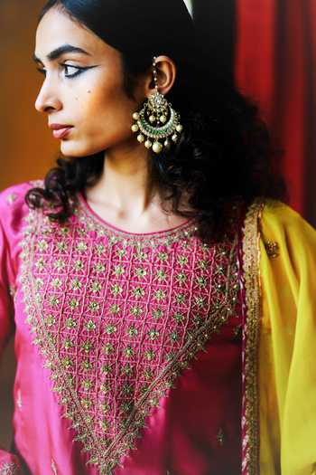 Alam By Tulsi Patel_Pink Silk Embroidery, Tassels Round Neck Mahua Kurta Sharara Set _at_Aza_Fashions