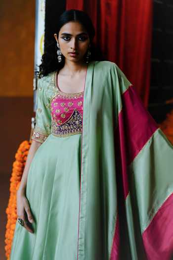 Alam By Tulsi Patel_Pink Silk Embroidery, Tassels Round Neck Jaui Patchwork Anarkali Set _Online_at_Aza_Fashions