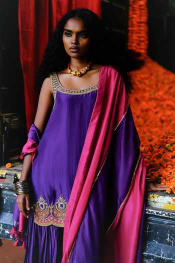 Alam By Tulsi Patel_Purple Silk Embroidery, Gota Patti, Zari Dahlia Handwoven Kurta Sharara Set _Online_at_Aza_Fashions