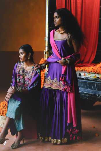 Shop_Alam By Tulsi Patel_Purple Silk Embroidery, Gota Patti, Zari Dahlia Handwoven Kurta Sharara Set _Online_at_Aza_Fashions