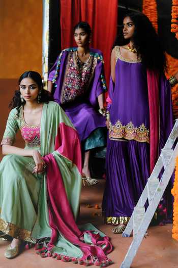 Alam By Tulsi Patel_Purple Silk Embroidery, Gota Patti, Zari Dahlia Handwoven Kurta Sharara Set _at_Aza_Fashions