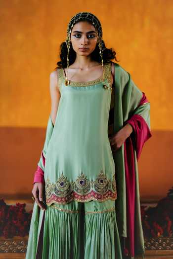Alam By Tulsi Patel_Gold Silk Embroidery, Zari, Gota Patti, Dahlia Handwoven Kurta Sharara Set _Online_at_Aza_Fashions