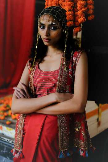 Buy_Alam By Tulsi Patel_Red Silk Embroidery, Tassels Scoop Neck Kanchan Jacket And Draped Skirt Set _Online_at_Aza_Fashions