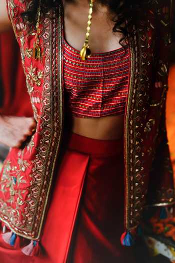 Alam By Tulsi Patel_Red Silk Embroidery, Tassels Scoop Neck Kanchan Jacket And Draped Skirt Set _at_Aza_Fashions