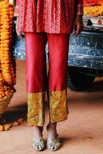 Alam By Tulsi Patel_Red Silk Embroidery, Zari Round Neck, Yes Rohira Flared Kurta And Pant Co-ord Set _Online_at_Aza_Fashions