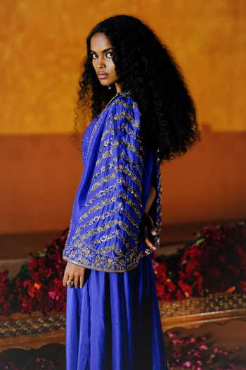 Alam By Tulsi Patel_Blue Silk Embroidery Open , Square Kusum Jacket And Dhoti Pant Set _Online_at_Aza_Fashions