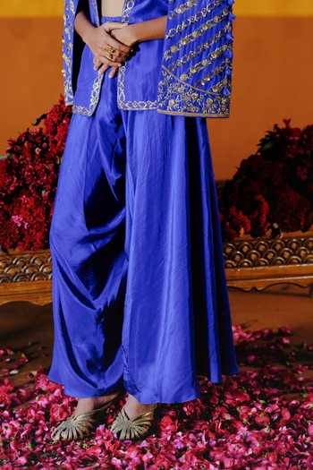 Buy_Alam By Tulsi Patel_Blue Silk Embroidery Open , Square Kusum Jacket And Dhoti Pant Set _Online_at_Aza_Fashions