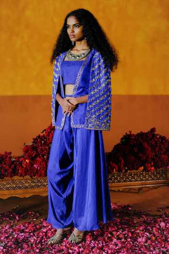 Shop_Alam By Tulsi Patel_Blue Silk Embroidery Open , Square Kusum Jacket And Dhoti Pant Set _Online_at_Aza_Fashions