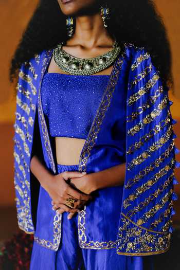 Alam By Tulsi Patel_Blue Silk Embroidery Open , Square Kusum Jacket And Dhoti Pant Set _at_Aza_Fashions
