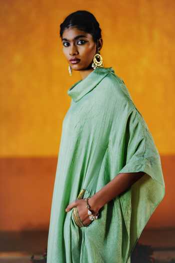 Buy_Alam By Tulsi Patel_Mint Silk Embroidery Cowl Neck Utpala Draped Kaftan And Pant Set _Online_at_Aza_Fashions