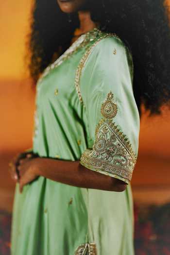 Buy_Alam By Tulsi Patel_Gold Silk Embroidery, Zari, Tassels V-neck Semal Kurta Sharara Set _Online_at_Aza_Fashions